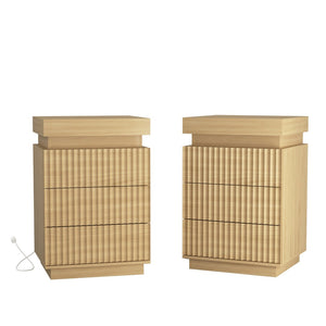 English Elm (set of 2) Fluted Wave Bedside Tables with Hidden Charging Hub and Rgb Led Lighting Natural W409P414476