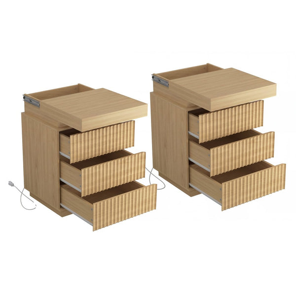 English Elm (set of 2) Fluted Wave Bedside Tables with Hidden Charging Hub and Rgb Led Lighting Natural W409P414476