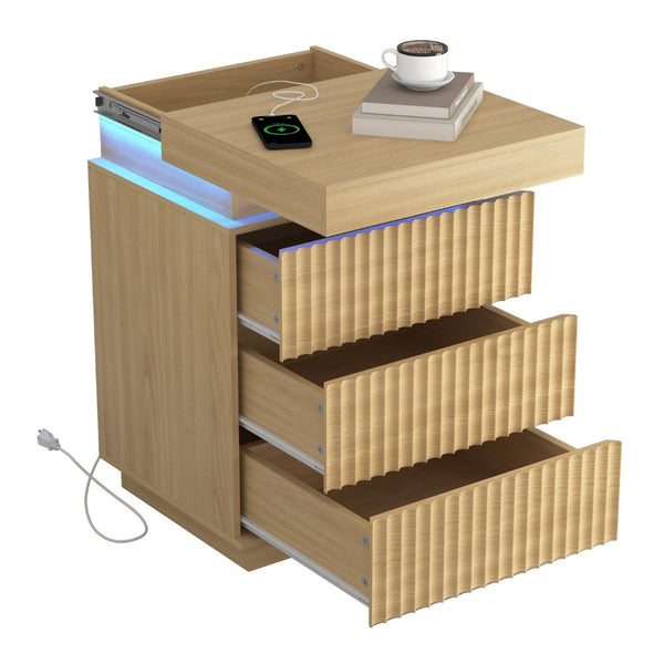 English Elm (set of 2) Fluted Wave Bedside Tables with Hidden Charging Hub and Rgb Led Lighting Natural W409P414476