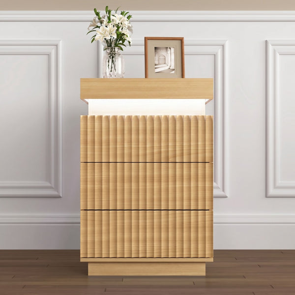 English Elm (set of 2) Fluted Wave Bedside Tables with Hidden Charging Hub and Rgb Led Lighting Natural W409P414476