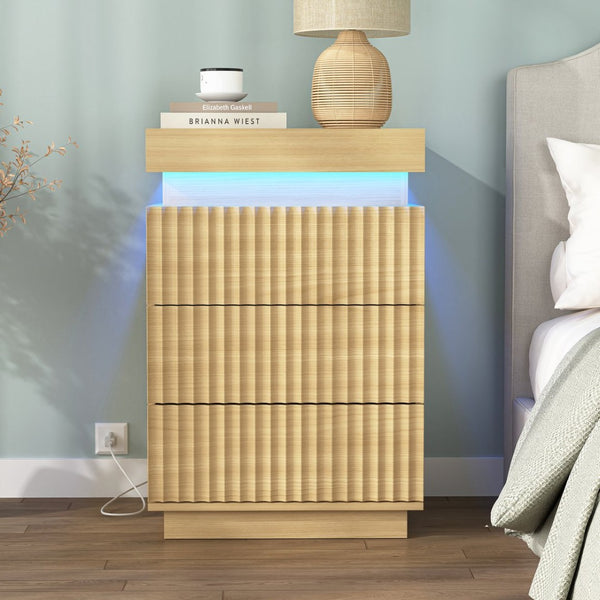 English Elm (set of 2) Fluted Wave Bedside Tables with Hidden Charging Hub and Rgb Led Lighting Natural W409P414476