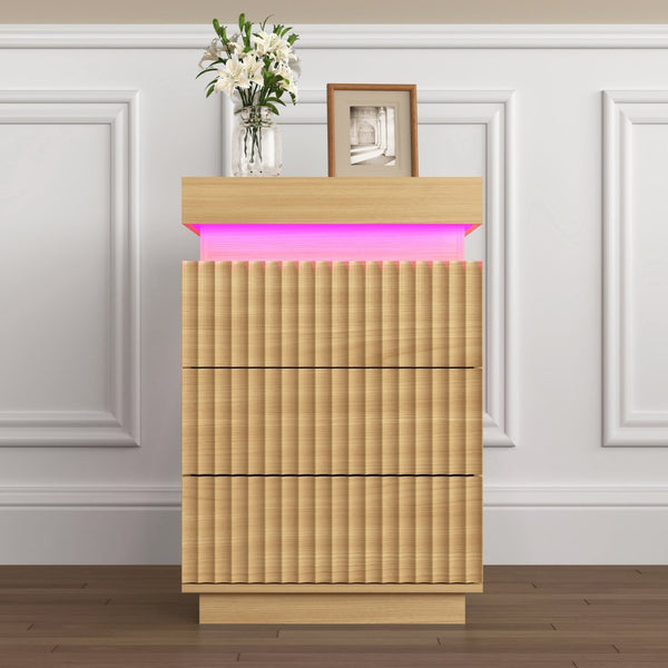 English Elm (set of 2) Fluted Wave Bedside Tables with Hidden Charging Hub and Rgb Led Lighting Natural W409P414476
