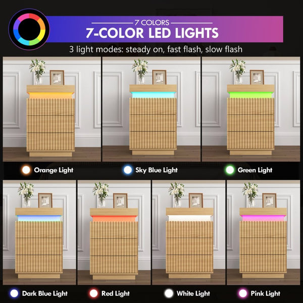 English Elm (set of 2) Fluted Wave Bedside Tables with Hidden Charging Hub and Rgb Led Lighting Natural W409P414476