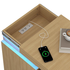 English Elm (set of 2) Fluted Wave Bedside Tables with Hidden Charging Hub and Rgb Led Lighting Natural W409P414476
