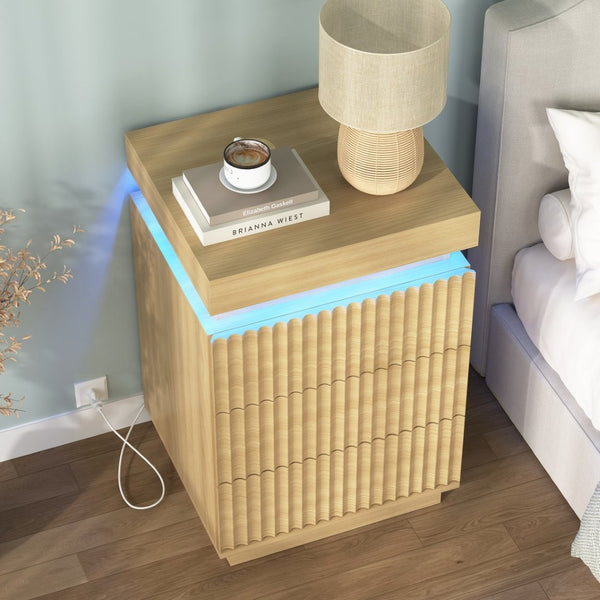 English Elm (set of 2) Fluted Wave Bedside Tables with Hidden Charging Hub and Rgb Led Lighting Natural W409P414476