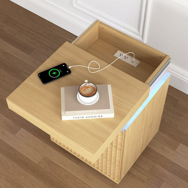 English Elm (set of 2) Fluted Wave Bedside Tables with Hidden Charging Hub and Rgb Led Lighting Natural W409P414476