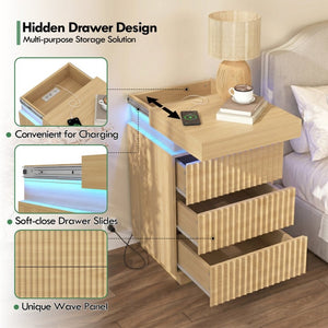 English Elm (set of 2) Fluted Wave Bedside Tables with Hidden Charging Hub and Rgb Led Lighting Natural W409P414476