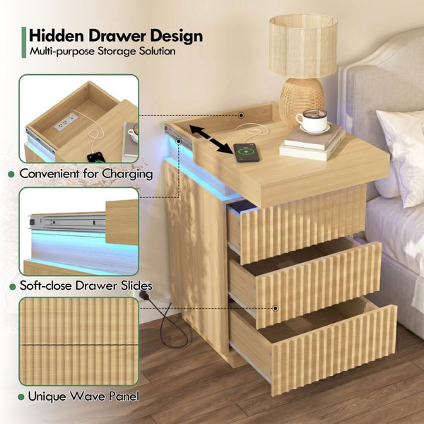 English Elm (set of 2) Fluted Wave Bedside Tables with Hidden Charging Hub and Rgb Led Lighting Natural W409P414476