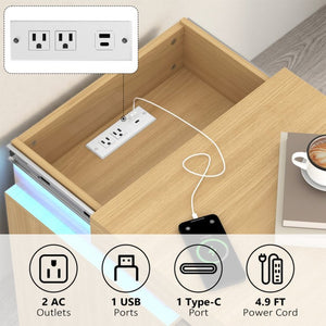 English Elm (set of 2) Fluted Wave Bedside Tables with Hidden Charging Hub and Rgb Led Lighting Natural W409P414476