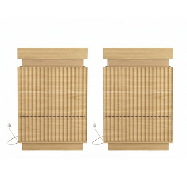 English Elm (set of 2) Fluted Wave Bedside Tables with Hidden Charging Hub and Rgb Led Lighting Natural W409P414476