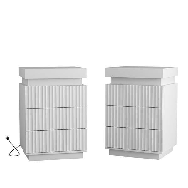English Elm (set of 2) Fluted Wave Bedside Tables with Hidden Charging Hub and Rgb Led Lighting White W409P414477