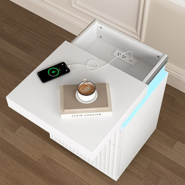 English Elm (set of 2) Fluted Wave Bedside Tables with Hidden Charging Hub and Rgb Led Lighting White W409P414477