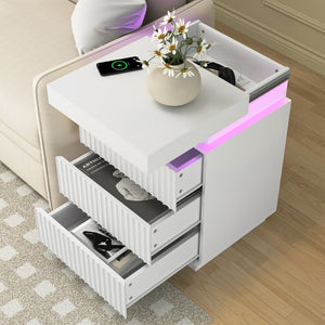 English Elm (set of 2) Fluted Wave Bedside Tables with Hidden Charging Hub and Rgb Led Lighting White W409P414477