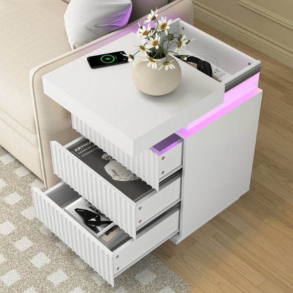 English Elm (set of 2) Fluted Wave Bedside Tables with Hidden Charging Hub and Rgb Led Lighting White W409P414477
