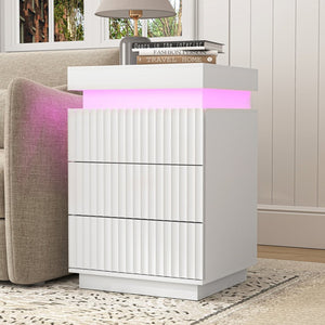 English Elm (set of 2) Fluted Wave Bedside Tables with Hidden Charging Hub and Rgb Led Lighting White W409P414477