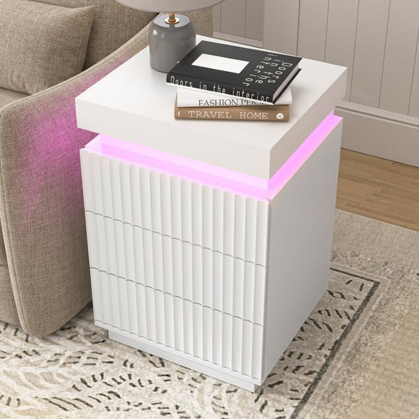 English Elm (set of 2) Fluted Wave Bedside Tables with Hidden Charging Hub and Rgb Led Lighting White W409P414477