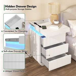 English Elm (set of 2) Fluted Wave Bedside Tables with Hidden Charging Hub and Rgb Led Lighting White W409P414477