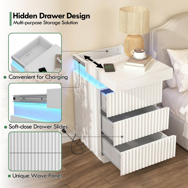 English Elm (set of 2) Fluted Wave Bedside Tables with Hidden Charging Hub and Rgb Led Lighting White W409P414477