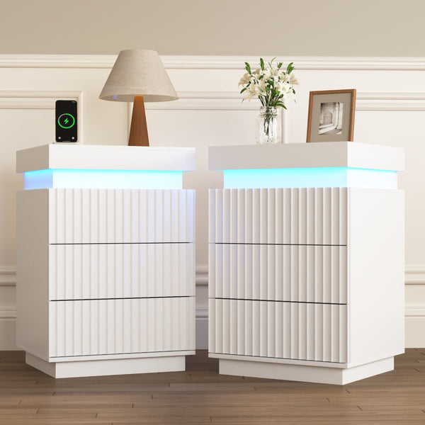 English Elm (set of 2) Fluted Wave Bedside Tables with Hidden Charging Hub and Rgb Led Lighting White W409P414477