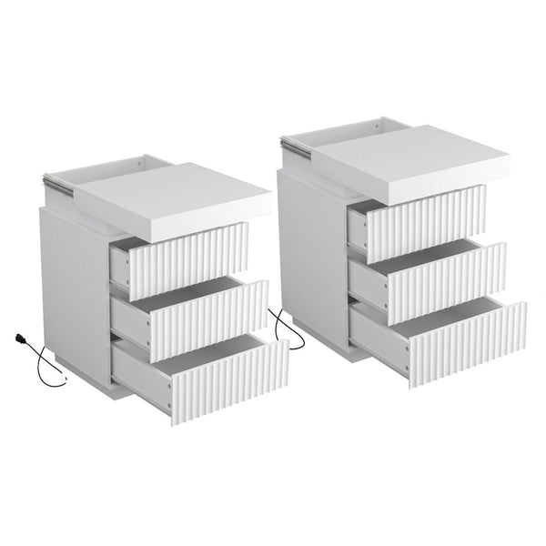 English Elm (set of 2) Fluted Wave Bedside Tables with Hidden Charging Hub and Rgb Led Lighting White W409P414477