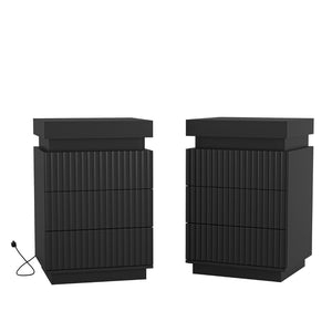 English Elm (set of 2) Fluted Wave Bedside Tables with Hidden Charging Hub and Rgb Led Lighting Black W409P414478