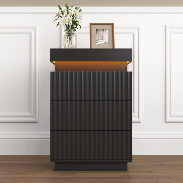 English Elm (set of 2) Fluted Wave Bedside Tables with Hidden Charging Hub and Rgb Led Lighting Black W409P414478