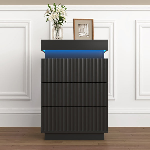 English Elm (set of 2) Fluted Wave Bedside Tables with Hidden Charging Hub and Rgb Led Lighting Black W409P414478