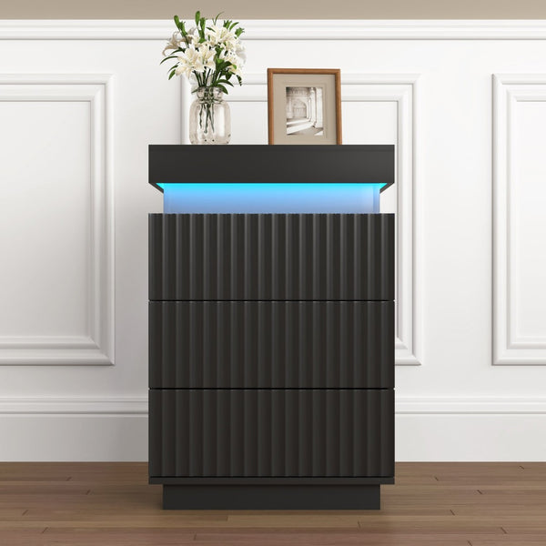 English Elm (set of 2) Fluted Wave Bedside Tables with Hidden Charging Hub and Rgb Led Lighting Black W409P414478