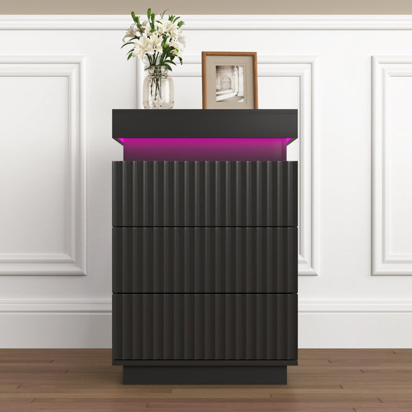 English Elm (set of 2) Fluted Wave Bedside Tables with Hidden Charging Hub and Rgb Led Lighting Black W409P414478