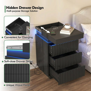 English Elm (set of 2) Fluted Wave Bedside Tables with Hidden Charging Hub and Rgb Led Lighting Black W409P414478