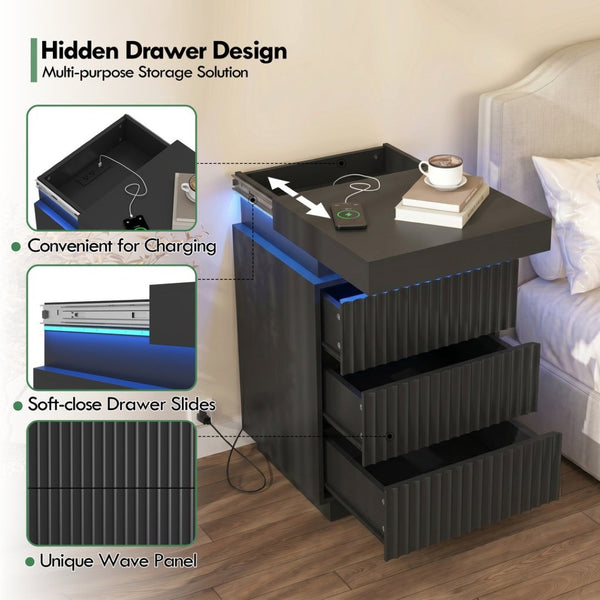 English Elm (set of 2) Fluted Wave Bedside Tables with Hidden Charging Hub and Rgb Led Lighting Black W409P414478