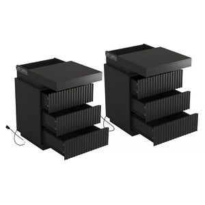 English Elm (set of 2) Fluted Wave Bedside Tables with Hidden Charging Hub and Rgb Led Lighting Black W409P414478