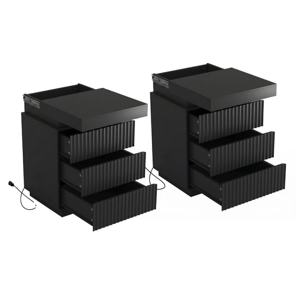 English Elm (set of 2) Fluted Wave Bedside Tables with Hidden Charging Hub and Rgb Led Lighting Black W409P414478