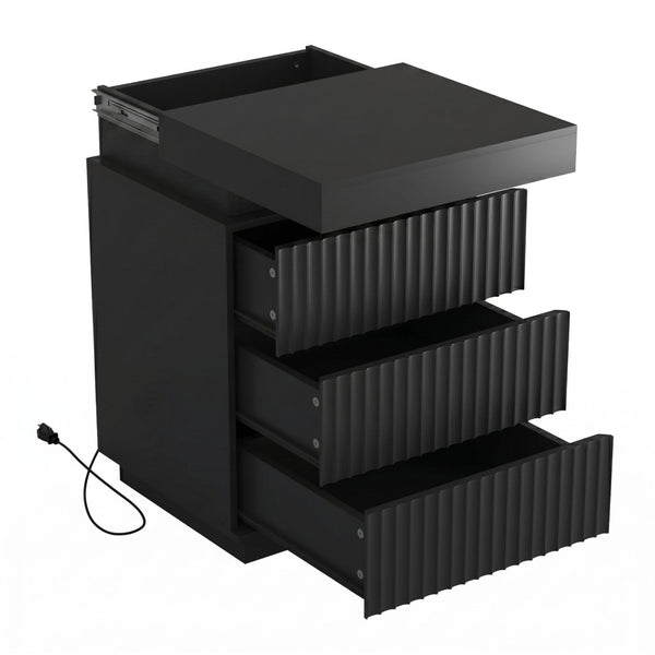 English Elm (set of 2) Fluted Wave Bedside Tables with Hidden Charging Hub and Rgb Led Lighting Black W409P414478
