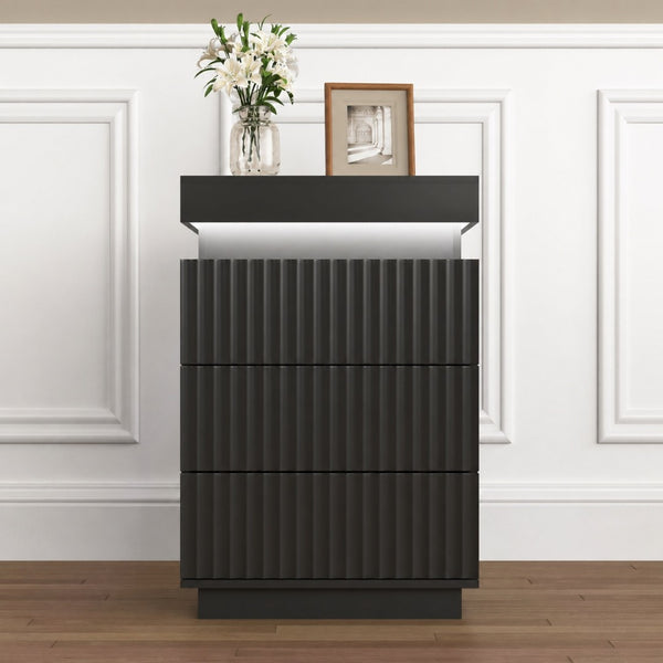 English Elm (set of 2) Fluted Wave Bedside Tables with Hidden Charging Hub and Rgb Led Lighting Black W409P414478