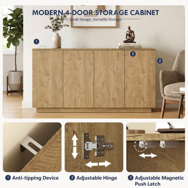English Elm Wood Grain Sideboard Credenza with Four Doors and Adjustable Shelving for Dining Spaces W409P476209