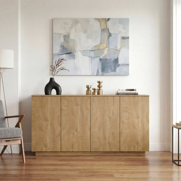English Elm Wood Grain Sideboard Credenza with Four Doors and Adjustable Shelving for Dining Spaces W409P476209