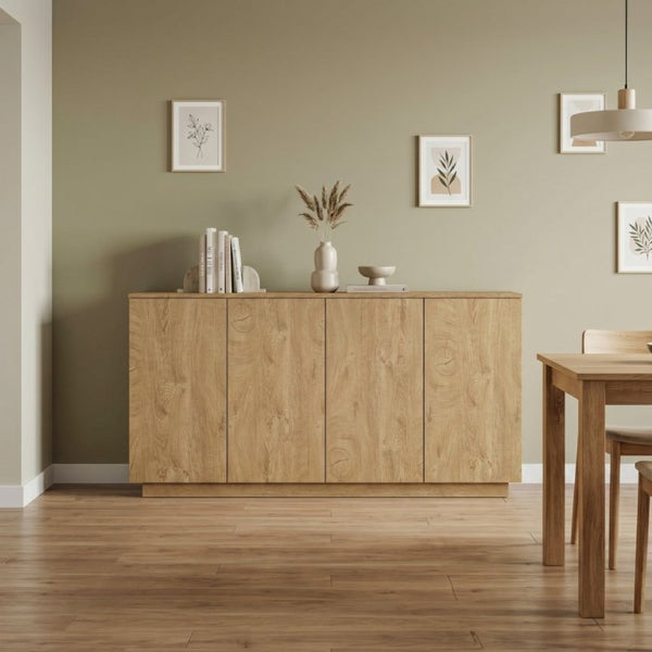 English Elm Wood Grain Sideboard Credenza with Four Doors and Adjustable Shelving for Dining Spaces W409P476209