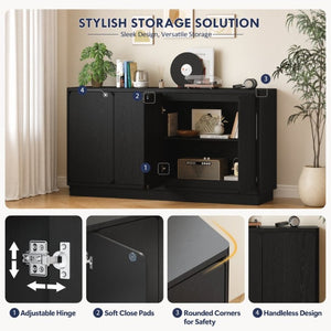 English Elm 59.1 Inch Four Door Matte Sideboard Credenza with Adjustable Shelves for Dining Room Black W409P476212