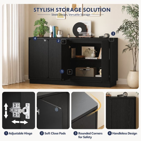 English Elm 59.1 Inch Four Door Matte Sideboard Credenza with Adjustable Shelves for Dining Room Black W409P476212