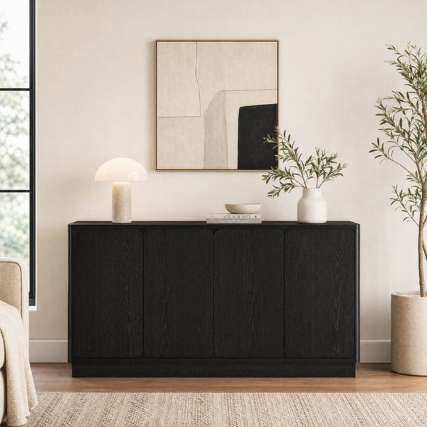 English Elm 59.1 Inch Four Door Matte Sideboard Credenza with Adjustable Shelves for Dining Room Black W409P476212