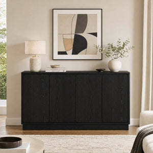 English Elm 59.1 Inch Four Door Matte Sideboard Credenza with Adjustable Shelves for Dining Room Black W409P476212