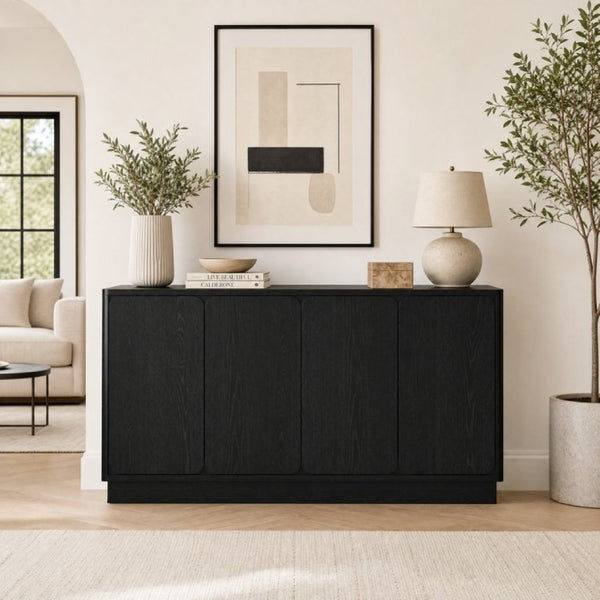English Elm 59.1 Inch Four Door Matte Sideboard Credenza with Adjustable Shelves for Dining Room Black W409P476212