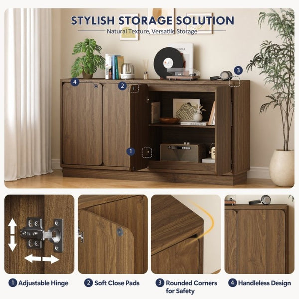 English Elm 59.1 Inch Four Door Matte Sideboard Credenza with Adjustable Shelves for Dining Room Walnut W409P476213