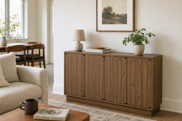 English Elm 59.1 Inch Four Door Matte Sideboard Credenza with Adjustable Shelves for Dining Room Walnut W409P476213