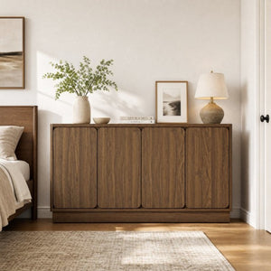 English Elm 59.1 Inch Four Door Matte Sideboard Credenza with Adjustable Shelves for Dining Room Walnut W409P476213