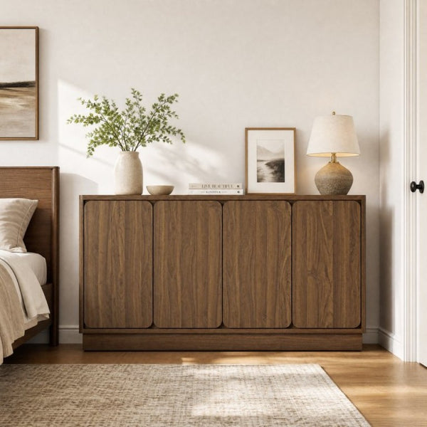 English Elm 59.1 Inch Four Door Matte Sideboard Credenza with Adjustable Shelves for Dining Room Walnut W409P476213