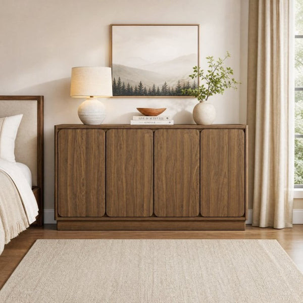 English Elm 59.1 Inch Four Door Matte Sideboard Credenza with Adjustable Shelves for Dining Room Walnut W409P476213