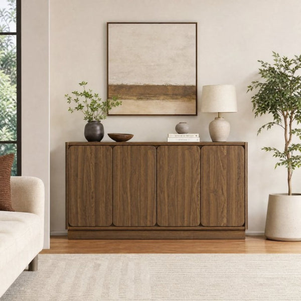 English Elm 59.1 Inch Four Door Matte Sideboard Credenza with Adjustable Shelves for Dining Room Walnut W409P476213