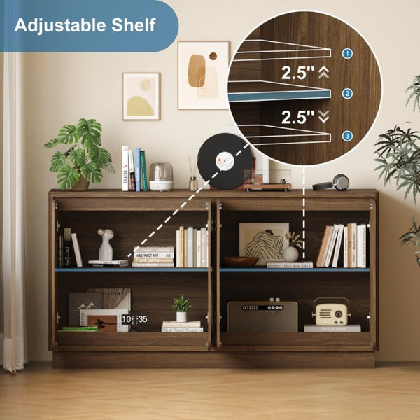 English Elm 59.1 Inch Four Door Matte Sideboard Credenza with Adjustable Shelves for Dining Room Walnut W409P476213
